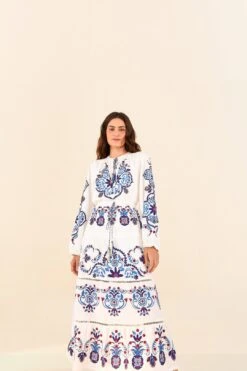 Farm Rio Off-White Navy Embroidered Midi Dress