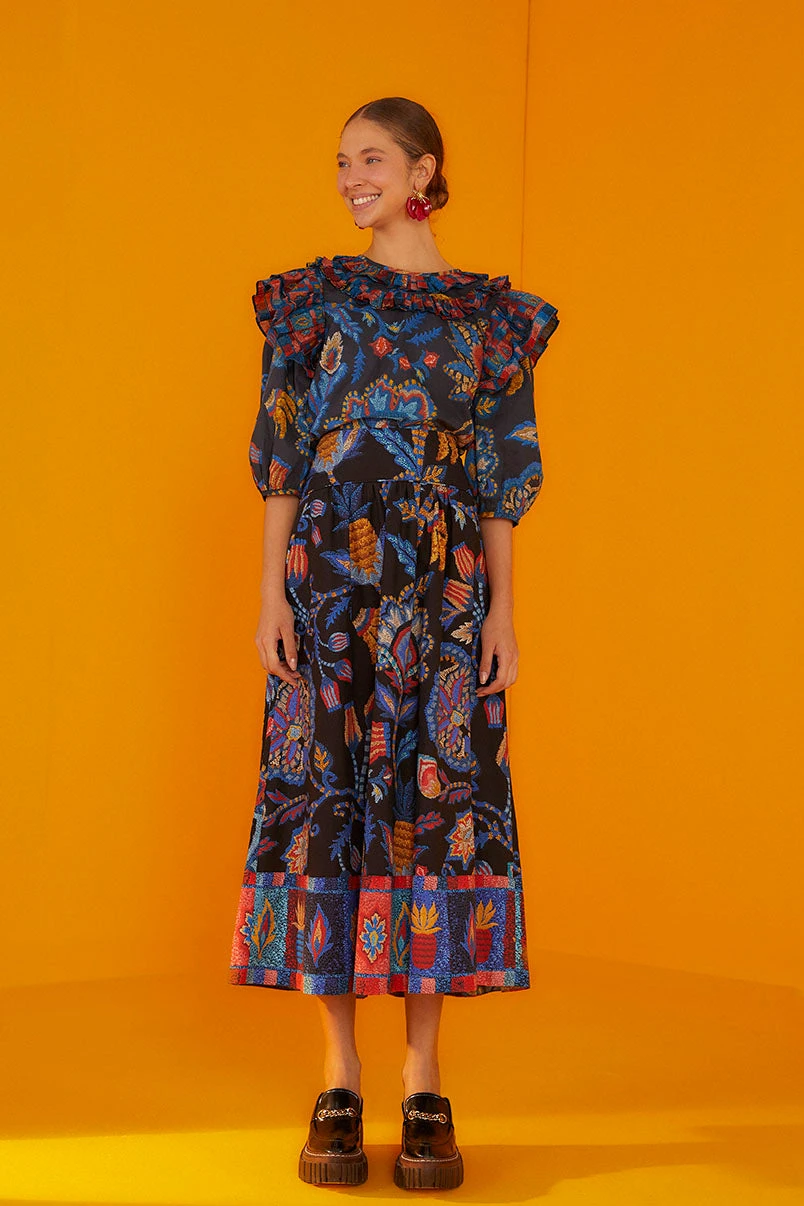 Farm Rio Black Sunset Tapestry Organic Cotton Midi Skirt 1 Farm Rio Black Sunset Tapestry Organic Cotton Midi Skirt