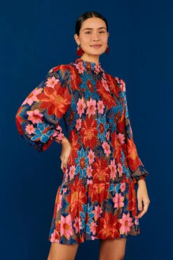 Farm Rio Navy Garden Smocked Mini Dress