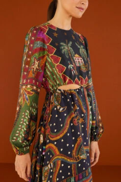 Farm Rio Shiny Mixed Scarves Cut Out Midi Dress -Farm Rio Shoop 303802 03 1