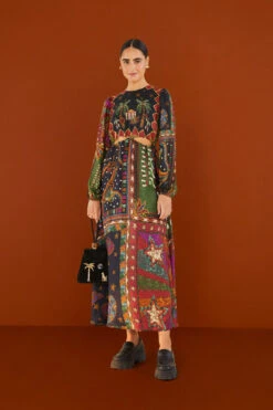 Farm Rio Shiny Mixed Scarves Cut Out Midi Dress -Farm Rio Shoop 303802 04 1