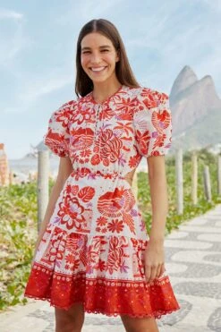 Farm Rio Off-White Rio Tiles Puff Sleeve Mini Dress