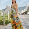 Farm Rio Mixed Striped Bananas Maxi Dress