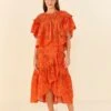 Farm Rio Orange Palm Tree Richelieu Midi Skirt
