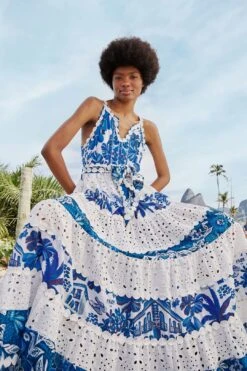 Farm Rio Mixed White And Blue Prints Maxi Dress