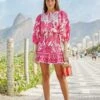 Farm Rio Pink Tropical Woodcut Mini Dress