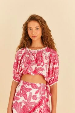 Farm Rio Pink Tropical Woodcut Crop Top