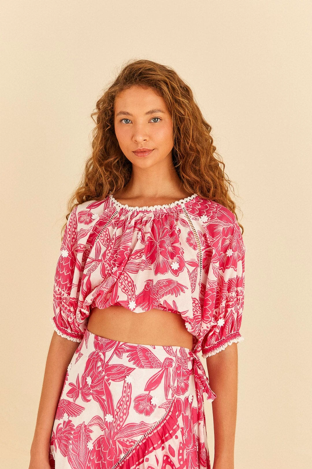 Farm Rio Pink Tropical Woodcut Crop Top 1 Farm Rio Pink Tropical Woodcut Crop Top