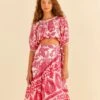 Farm Rio Pink Tropical Woodcut Midi Skirt