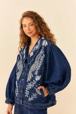 Farm Rio Jungle Flow Embroidered Denim Jacket