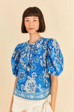 Farm Rio Blue Full Of Flowers Blouse