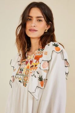 Farm Rio White Embroidered Fall Leaf Blouse -Farm Rio Shoop 309103 03