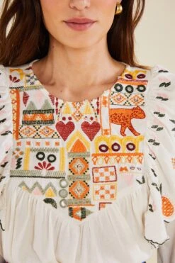 Farm Rio White Embroidered Fall Leaf Blouse -Farm Rio Shoop 309103 05