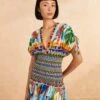 Farm Rio Colorful Forest V Neck Mini Dress