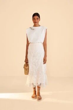 Farm Rio Off-White Guipire Midi Skirt