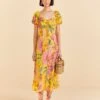 Farm Rio Yellow Macaw Bloom Puff-Sleeve Midi Dress