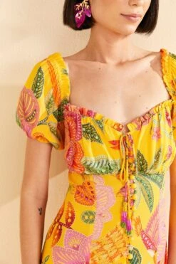 Farm Rio Yellow Macaw Bloom Puff-Sleeve Midi Dress -Farm Rio Shoop 309293 03
