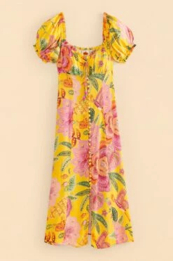 Farm Rio Yellow Macaw Bloom Puff-Sleeve Midi Dress -Farm Rio Shoop 309293 06