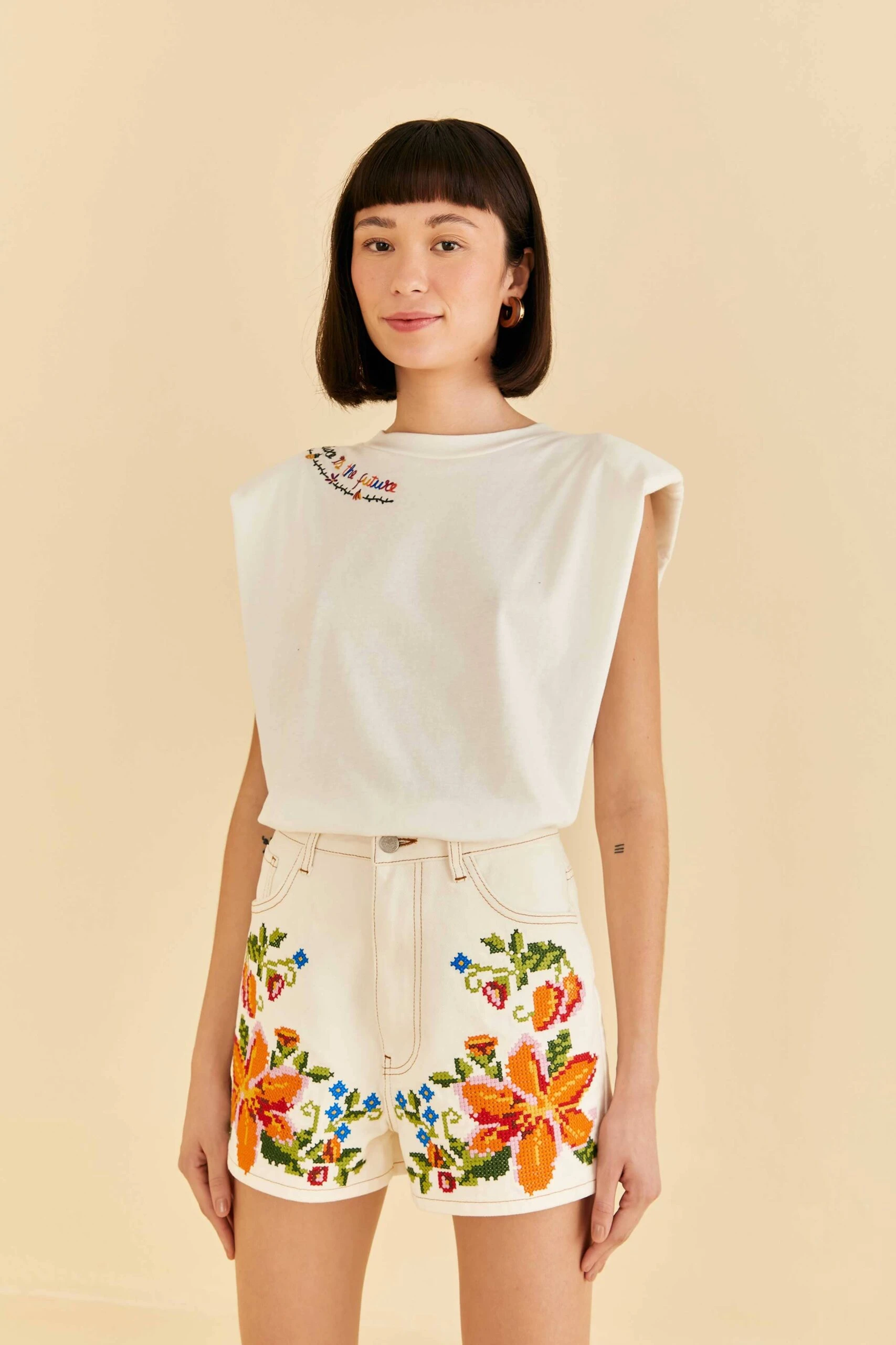 Farm Rio Embroidered Floral Twill Shorts 2 Farm Rio Embroidered Floral Twill Shorts - Image 2