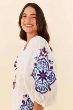 Farm Rio Off-White Navy Embroidery Mini Dress -Farm Rio Shoop 311390 03