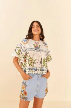 Farm Rio Summer Garden Embroidered Denim Shorts