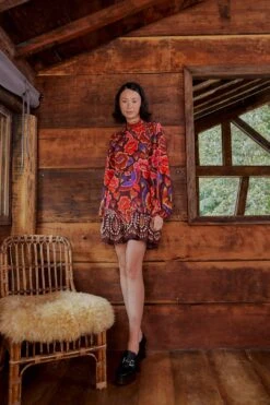 Farm Rio Brown Bright Flora Long Sleeve Mini Dress -Farm Rio Shoop 311972 03