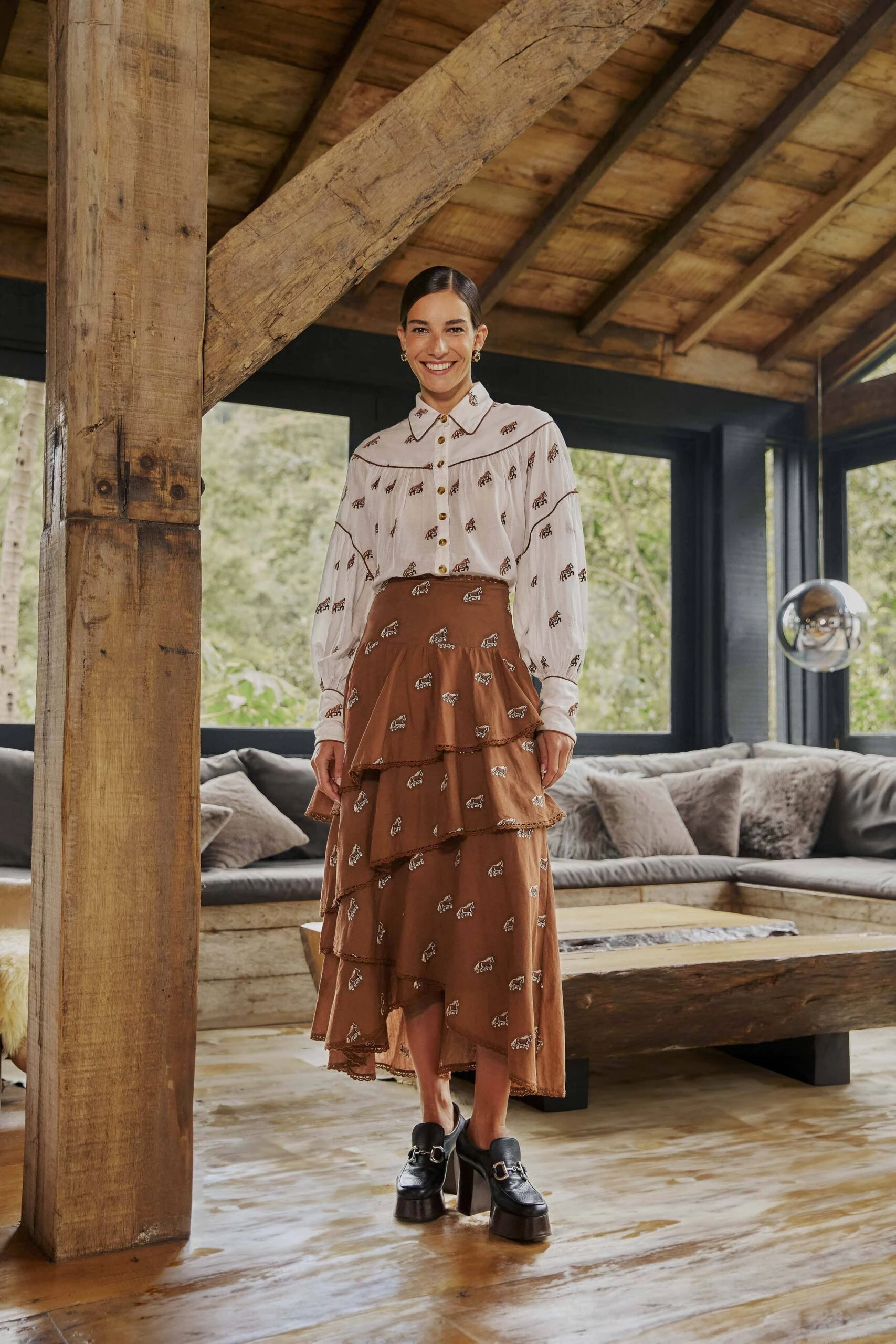 Farm Rio Caramel Embroidered Horses Layered Maxi Skirt 1 Farm Rio Caramel Embroidered Horses Layered Maxi Skirt