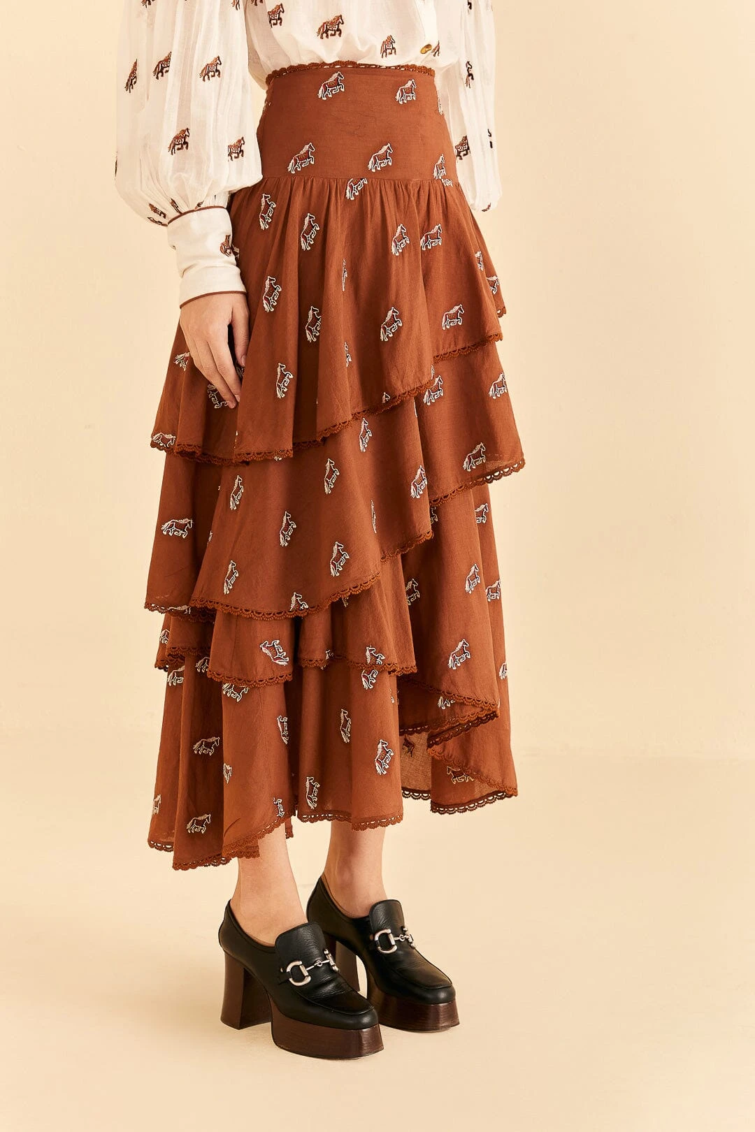 Farm Rio Caramel Embroidered Horses Layered Maxi Skirt 2 Farm Rio Caramel Embroidered Horses Layered Maxi Skirt - Image 2