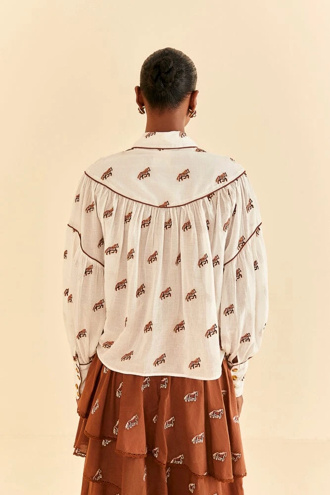 Farm Rio Off-White Embroidered Horses Blouse 4 Farm Rio Off-White Embroidered Horses Blouse - Image 4