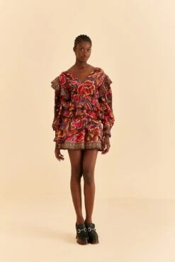 Farm Rio Brown Bright Flora Mini Skirt