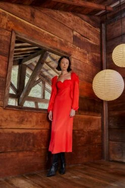 Farm Rio Red Heart Shaped Neckline Long Sleeve Midi Dress