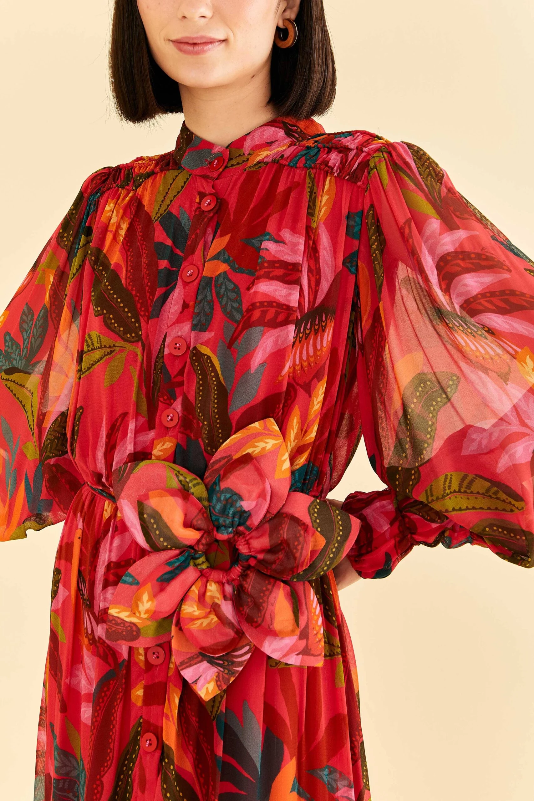 Farm Rio Red Rooster Leaves Long Sleeve Maxi Dress 2 Farm Rio Red Rooster Leaves Long Sleeve Maxi Dress - Image 2