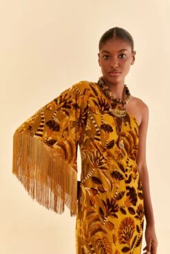 Farm Rio Golden Yellow Velvet One Shoulder Fringe Dress -Farm Rio Shoop 312168 03