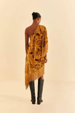Farm Rio Golden Yellow Velvet One Shoulder Fringe Dress -Farm Rio Shoop 312168 04