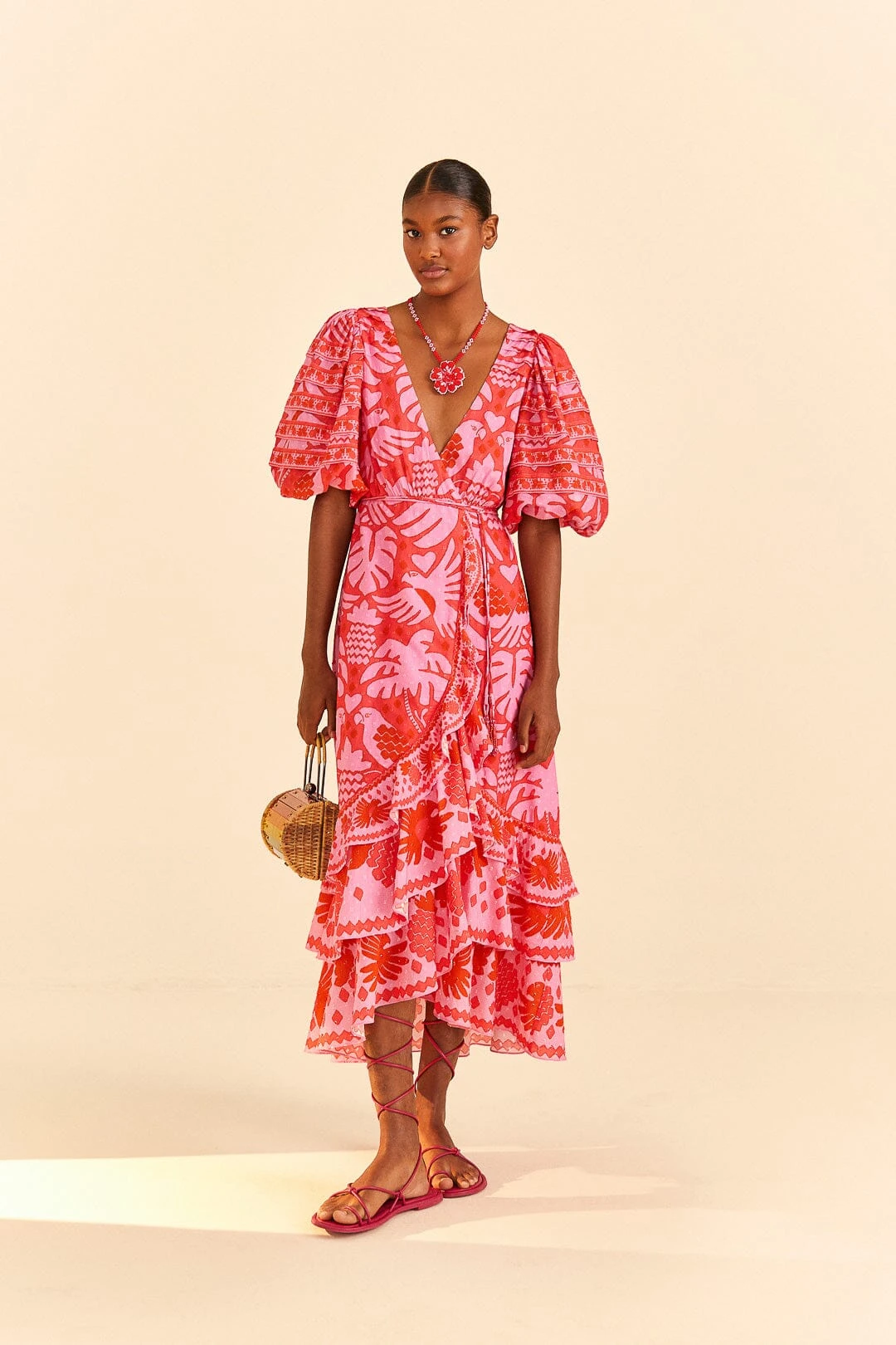 Farm Rio Red Jungle Scarf Wrap Midi Dress 1 Farm Rio Red Jungle Scarf Wrap Midi Dress