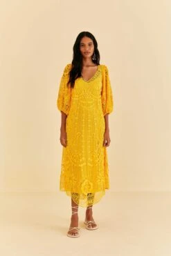 Farm Rio Yellow Guipure Midi Dress
