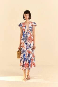 Farm Rio Off-White Mixed Lobsters Midi Dress