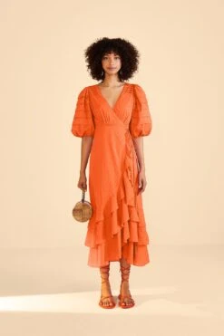 Farm Rio Orange Ruffles Midi Dress