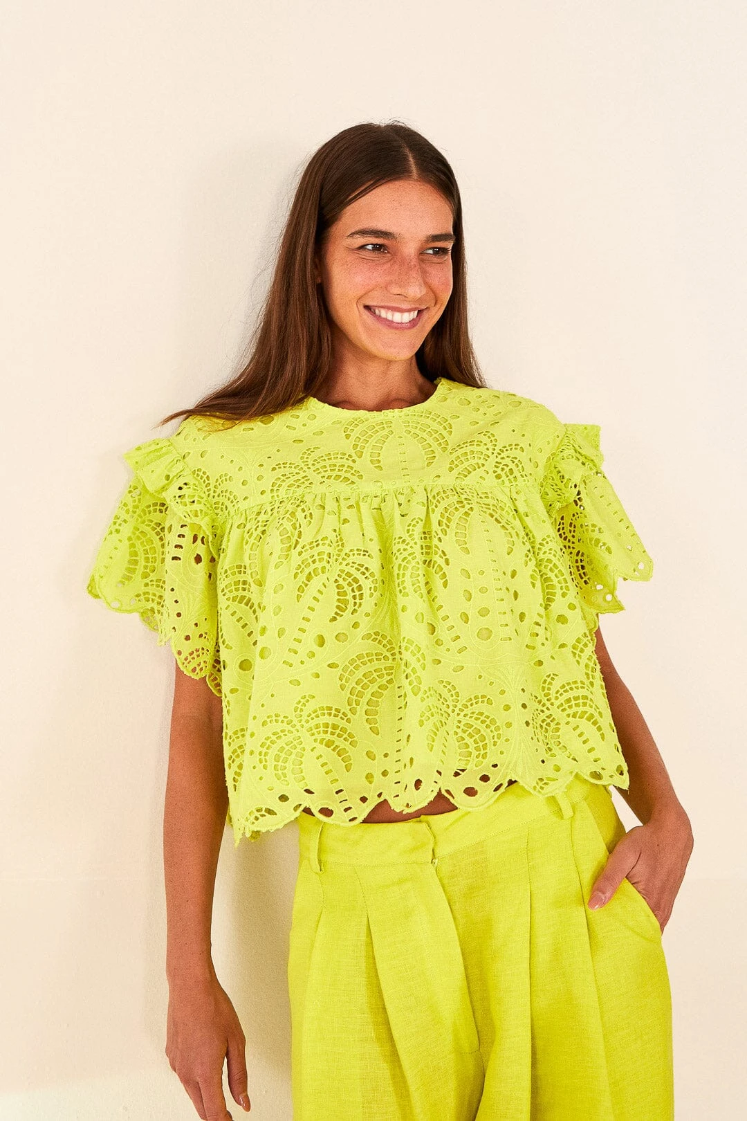 Farm Rio Lime Green Palm Tree Richelieu Blouse 1 Farm Rio Lime Green Palm Tree Richelieu Blouse