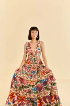 Farm Rio Off-White Tropical Yard Sleeveless Midi Dress