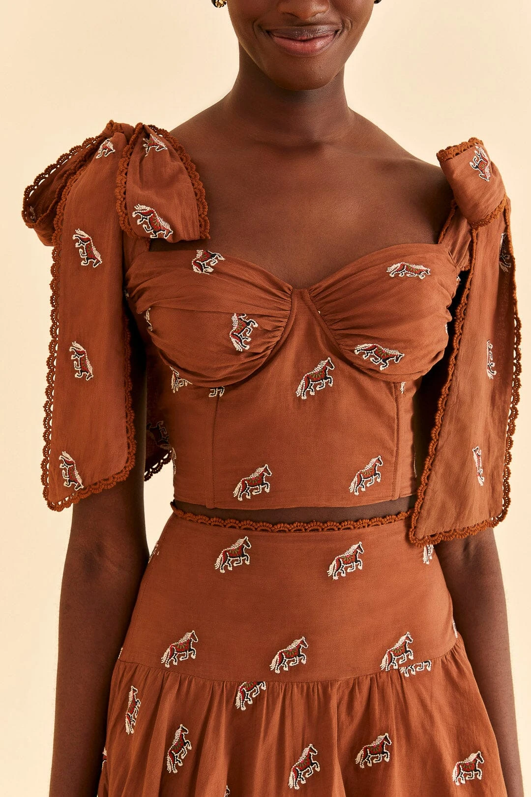 Farm Rio Caramel Embroidered Horses Crop Top 3 Farm Rio Caramel Embroidered Horses Crop Top - Image 3