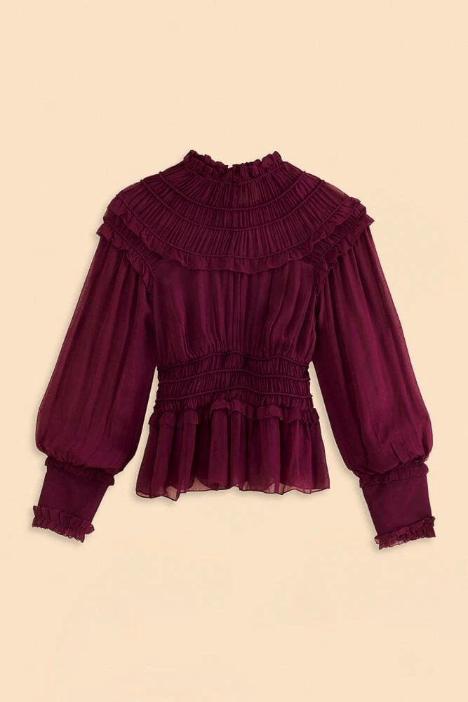 Farm Rio Burgundy Ruffle High Neck Blouse 8 Farm Rio Burgundy Ruffle High Neck Blouse - Image 8