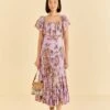 Farm Rio Lilac Floral Monkey Short Sleeve Maxi Dress