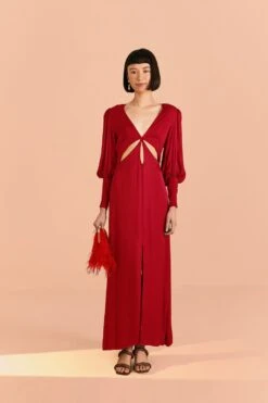Farm Rio Red Cut Out Long Sleeve Lenzing™ Ecovero™ Viscose Maxi Dress