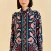 Farm Rio Teal Seashell Tapestry Shirt